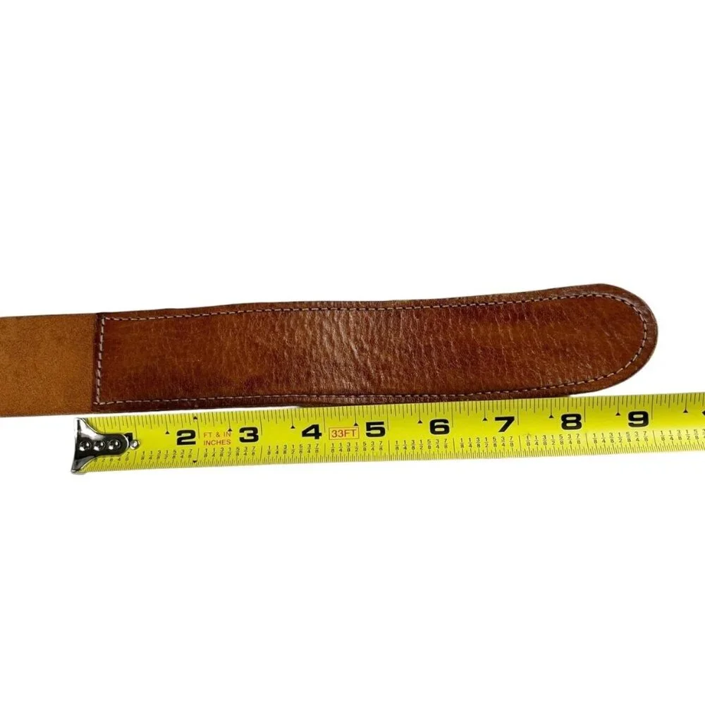 Chico's Genuine Leather Belt Size Medium Tan Statement Buckle Boho Cowgirl
